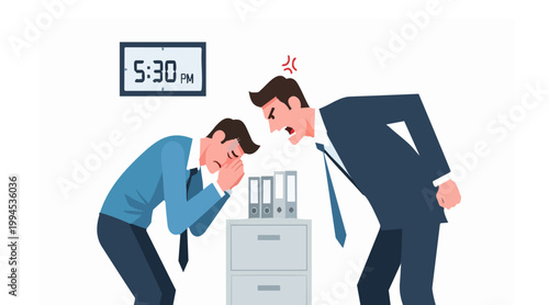 An angry boss shouts loudly at a distressed employee, creating a tense atmosphere in the office late in the day, highlighting workplace stress and pressure dynamics