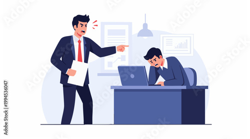 Workplace conflict illustration showing an angry boss yelling at a stressed employee, depicting job pressure, reprimand, and professional frustration in an office setting