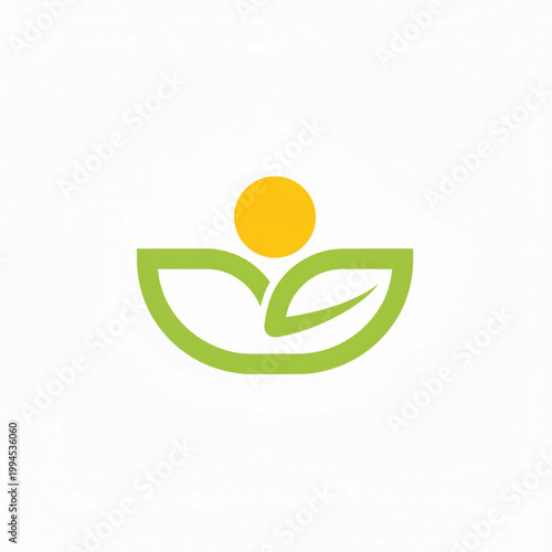 Eco leaf logo with green curved leaves and a yellow sun symbol for sustainable and nature friendly branding