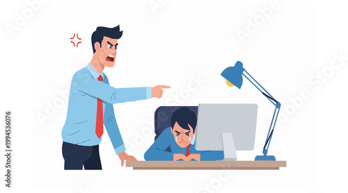Depiction of an Overbearing Boss Yelling and Pointing at a Stressed Employee, Highlighting Workplace Pressure, Emotional Distress, and Poor Management Practices