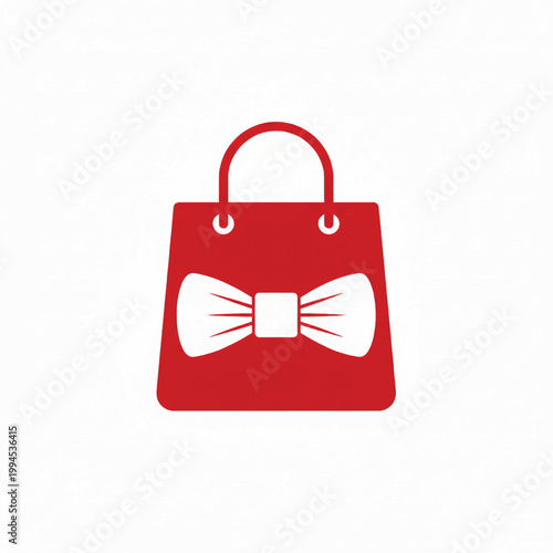 Handbag icon with red shopping bag shape and white bow tie design for fashion and gift branding featuring boutique, retail, commerce with e-commerce
