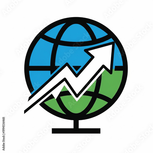 Globe growth chart icon with blue and green continents and rising arrow for business progress concept
