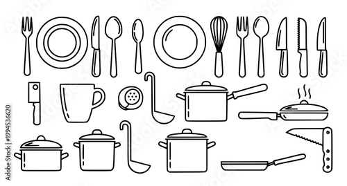 Modern kitchen utensil line icons set black outline food and cooking tools vector illustration on white