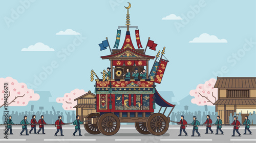 A striking flat design illustration of a traditional Hoko float, symbolizing the grandeur of Kyoto's Gion Festival. 