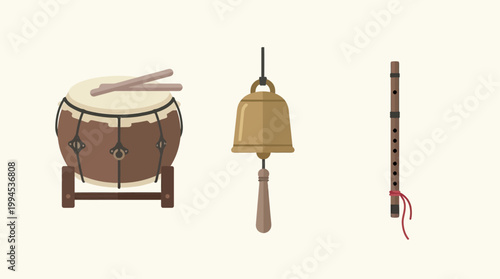 A clear flat design illustration showcasing the traditional Japanese music instruments – taiko, fue, and kane – essential to the Gion Festival's distinctive sound. 