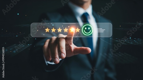 Professional businessman touching a virtual screen to provide a five star review for excellent customer service satisfaction in a dark tech office environment