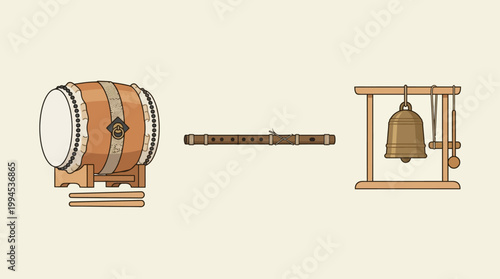 A clear flat design illustration showcasing the traditional Japanese music instruments – taiko, fue, and kane – essential to the Gion Festival's distinctive sound. 