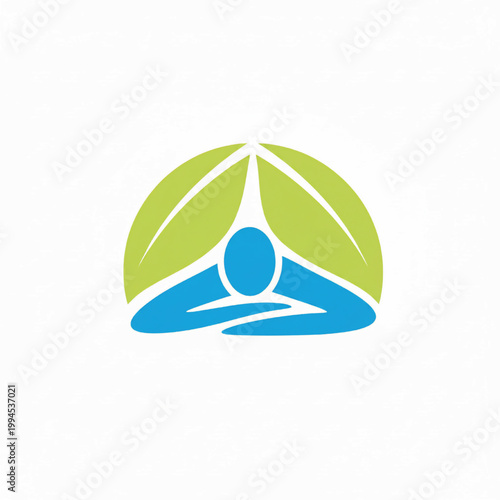 Yoga meditation lotus hands icon with blue center and green leaf shapes, clean vector style for mindfulness branding