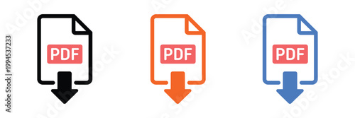 Download PDF icons with vibrant colors, clean flat vector design for document file transfer, digital storage, and user interface elements
