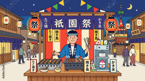 An inviting flat design illustration of a bustling street food stall during the Gion Festival, featuring iconic Japanese snacks like takoyaki and yakitori. 