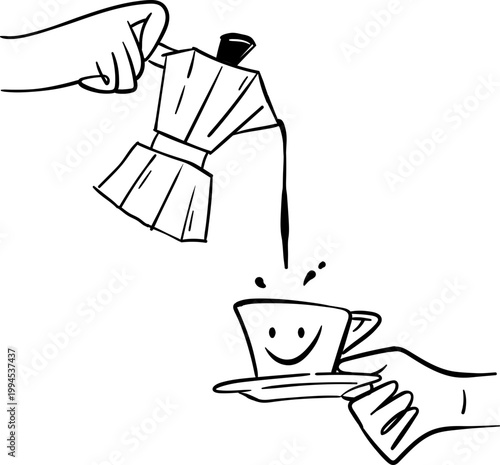 barista hand pouring coffee moka pot doodle hand-drawn line art
