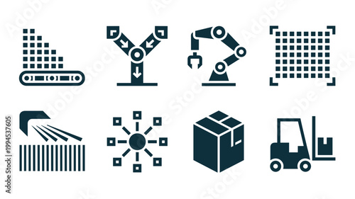 Industrial automation and warehouse rack icons – Suitable for inventory management, freight services, or technical manuals.