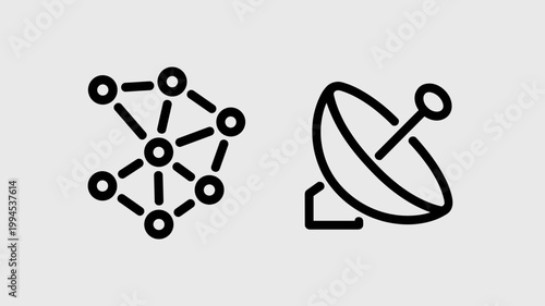 Minimalist satellite dish and constellation icons – Great for network interface design, space exploration, or data transmission tech.