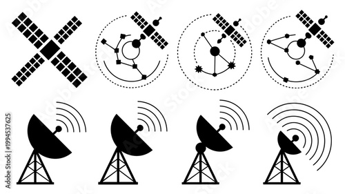 Orbital satellite and signal transmission icons – Suitable for telecom branding, wireless internet ads, or science communication.
