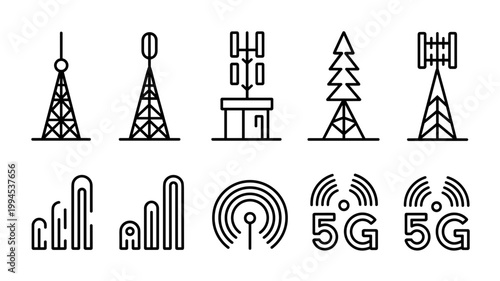 5G and 6G telecommunication tower icons – Perfect for mobile network articles, tech infrastructure, or signal strength UI.