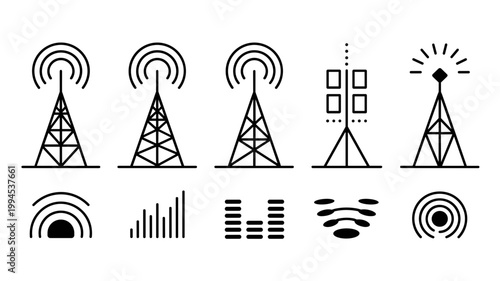 Minimalist cell tower and signal icons – Ideal for telecommunications engineering, wireless service maps, or network apps.