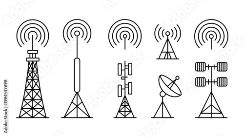 5G tower and wireless signal icon set – Perfect for telecommunications branding, network apps, or tech documentation.