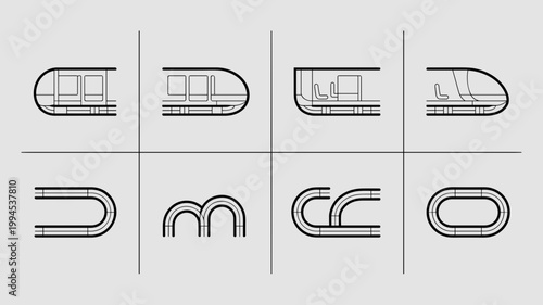Hyperloop pod and vacuum tube system icons – Ideal for futuristic transport blogs, transit engineering, or tech concept art.