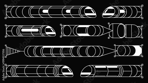 Hyperloop transport pod and capsule icons – Suitable for transport technology manuals, futuristic transit apps, or engineering news.