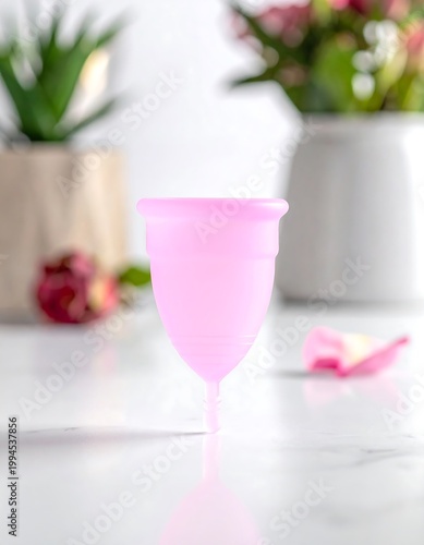 Pink menstrual cup on white table.