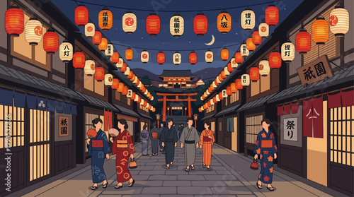 A serene flat design illustration depicting an enchanting Gion Festival evening, illuminated by traditional chochin lanterns along a Kyoto street.