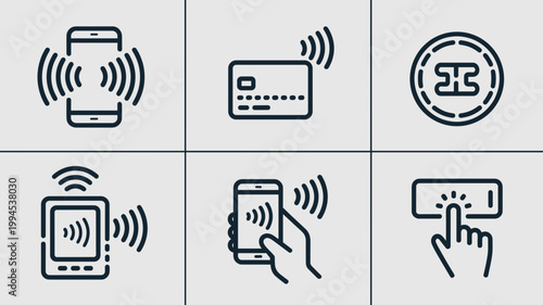 Digital wallet and contactless signal icons – Ideal for e-commerce checkouts, fintech branding, or mobile payment tech.