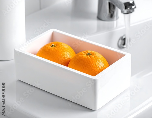 Fresh Oranges in White Kitchen Bowl.