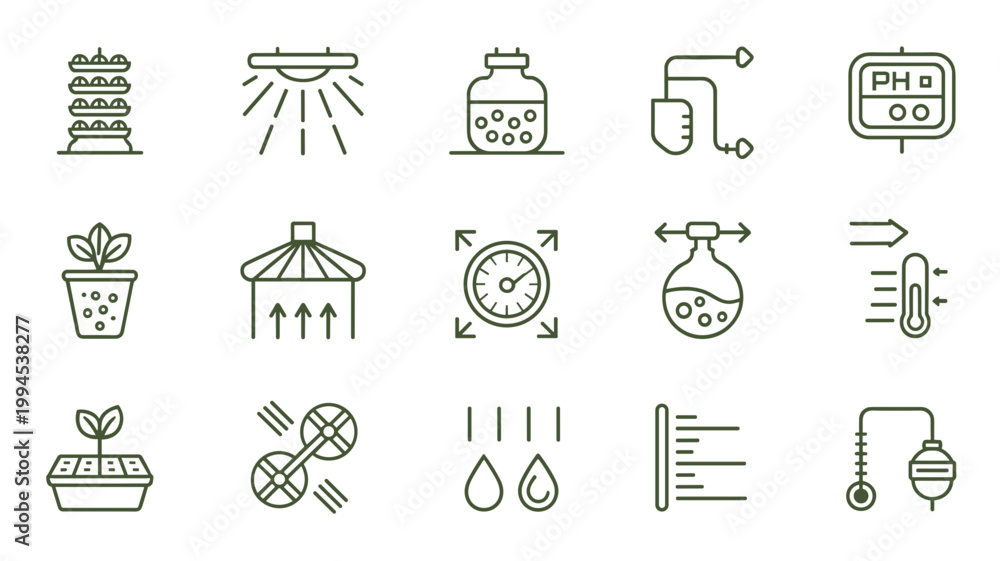 Fototapeta premium Hydroponic system and grow light icons – Great for indoor gardening guides, vertical farm tech, or ag-tech apps.