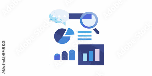 Data analysis illustration featuring charts graphs and a magnifying glass
