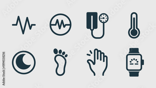 Wearable health monitor and biometric sensor icons – Ideal for fitness app interfaces, health-tech blogs, or wearable device manuals.