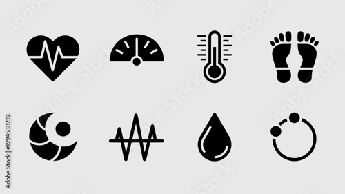 Biometric health sensor and heart rate icons – Great for medical monitoring reports, sports tech, or clinical health apps.