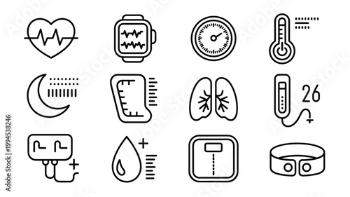 Biometric vital sign and smartwatch icons – Perfect for medical hardware specs, health-tech marketing, or patient monitoring.