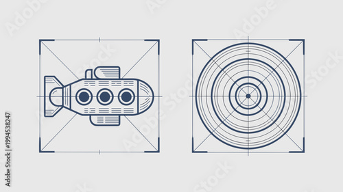 Marine exploration submersible and sonar icons – Suitable for ocean tech branding, marine archaeology, or exploration apps.