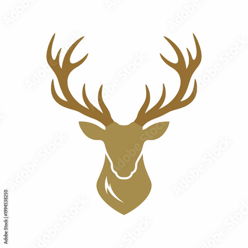 Deer head emblem with gold antlers and stylized face for handmade woodland logo and craft design featuring wildlife, mascot, hunting with outdoors