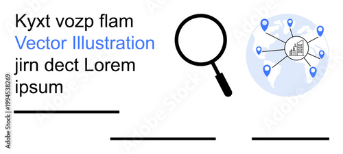 Navigation, exploration, global reach, search optimization, business location, and analysis. Magnifying glass and map pins on globe. Navigation and global reach clearly
