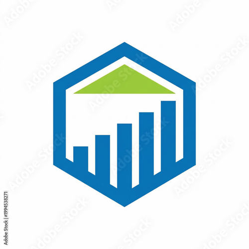 Hexagon building logo with blue outline and green roof, featuring a bar chart growth pattern for business branding
