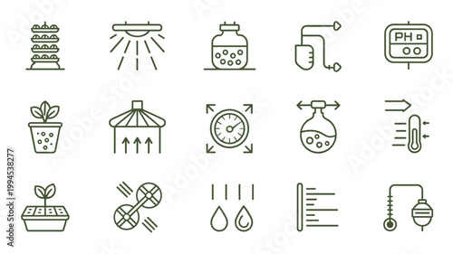 Hydroponic system and grow light icons – Great for indoor gardening guides, vertical farm tech, or ag-tech apps.