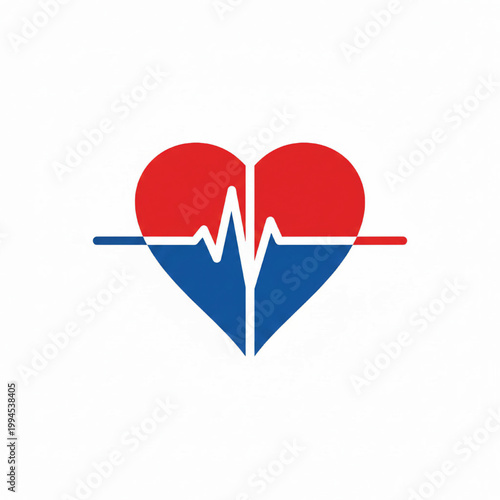 Heart icon with blue waveform and red medical stripes symbolizing heartbeat and cardiology care featuring health symbol, healthcare, life sign with