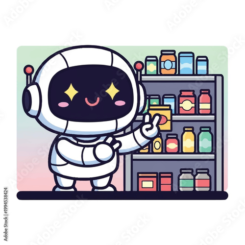 Canvas Print Cute Robot Character Standing Next to Shelves.