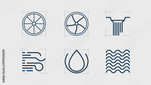 Hydro-power turbine and renewable water icons – Suitable for green energy reports, hydroelectric engineering, or sustainability blogs.