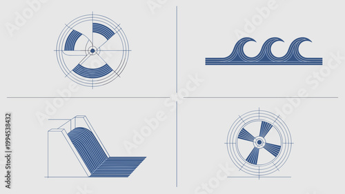 Renewable hydro energy and water flow icons – Perfect for clean energy marketing, dam infrastructure specs, or eco-tech UI.