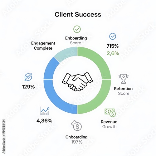 Business infographic, client success metrics, onboarding statistics, growth chart
