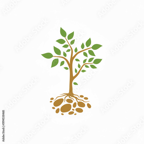 Tree of life icon with green leaves and brown roots, handmade eco growth symbol for nature and sustainability themes