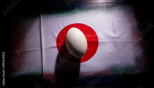 white rugby ball on japan flag in the dark room