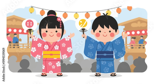 A delightful flat design illustration of two happy children in yukata, enjoying the festive atmosphere of the Gion Festival. This 2D vector graphic conveys innocence and joy during a traditional Japan