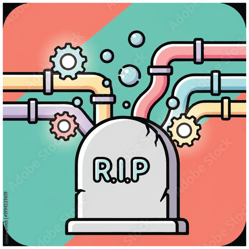 Tombstone with Pipes and Gears Symbolizing End of an Era.