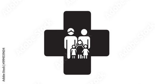 Family medical insurance icon with health cross and silhouette of parents with three children