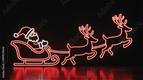 neon santa claus in sleigh pulled by two reindeer at night