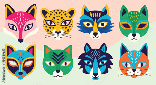 Modern stylized animal face icons including fox leopard and wolf in vibrant folk art vector style