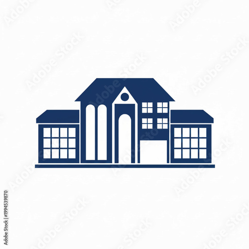 Building house illustration with blue facades, white doors, and windows, simple flat design for architecture and home themes